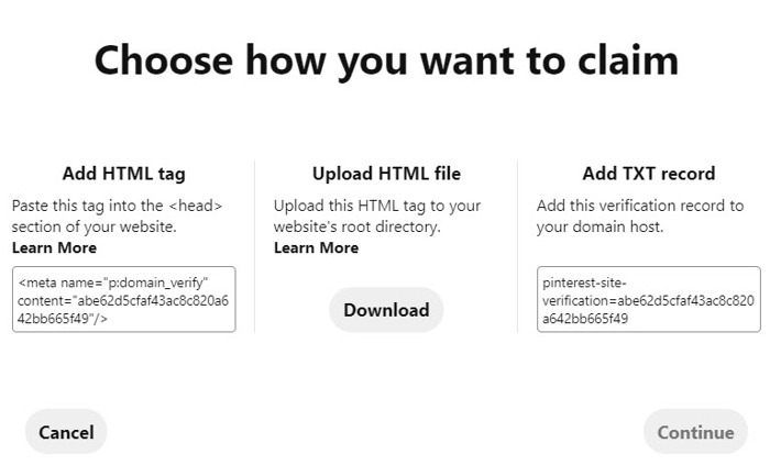 three ways to claim a website on pinterest