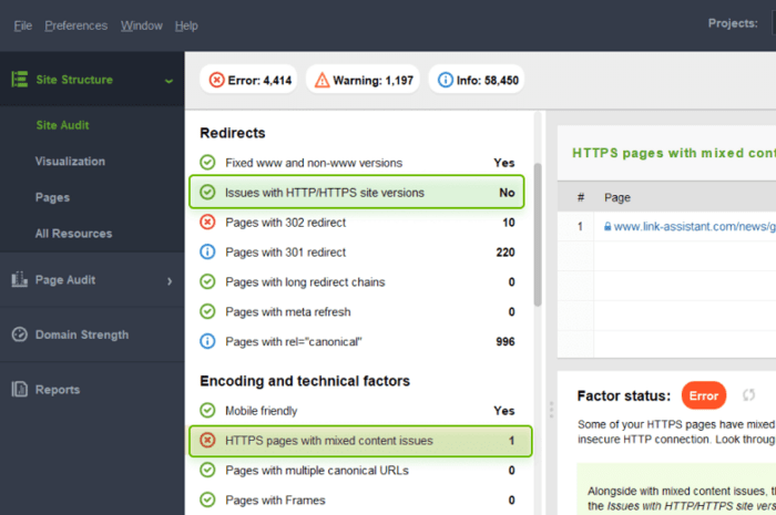 Checking http/https issues in Site Audit