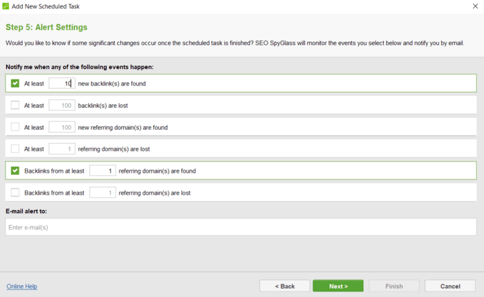 Setting up an alert in SEO SpyGlass to monitor the backlink profile of a website