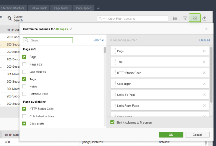 Pick the data relevant for your content pruning in the Edit visible columns window