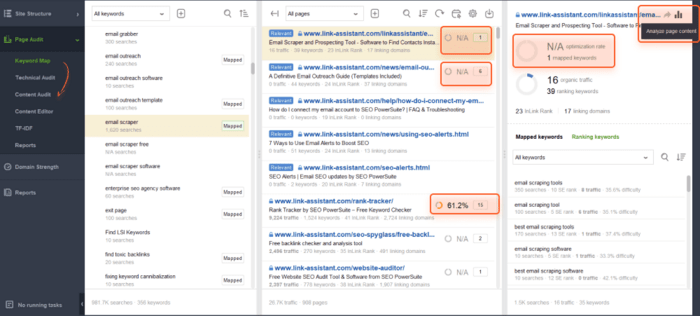 Hit the button in the top right to switch to the Content Audit and analyze the page for the mapped keyword