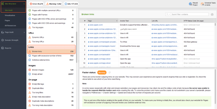 finding broken links in WebSite Auditor