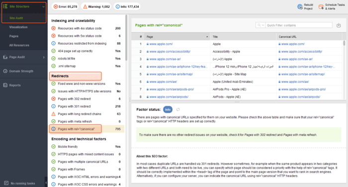 finding canonicals with WebSite Auditor