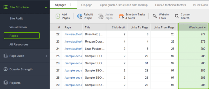 Checking pages with a low word count, which can be a sign of thin pages