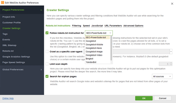 Advanced crawler settings to run a custom site audit, choosing specific crawlers and resources to examine