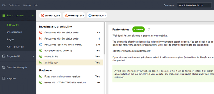 WebSite Auditor checks if a sitemap is available on your site