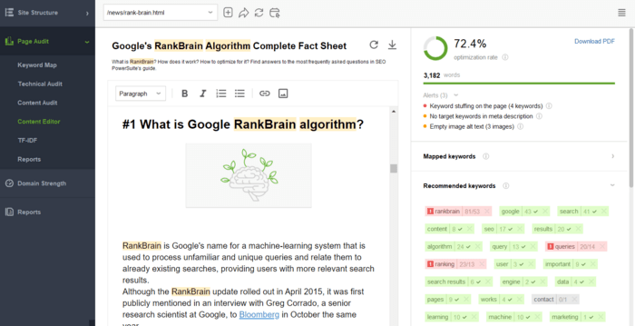 Content editor recommends on adiitional keywords, gives tips and calculates SEO scores