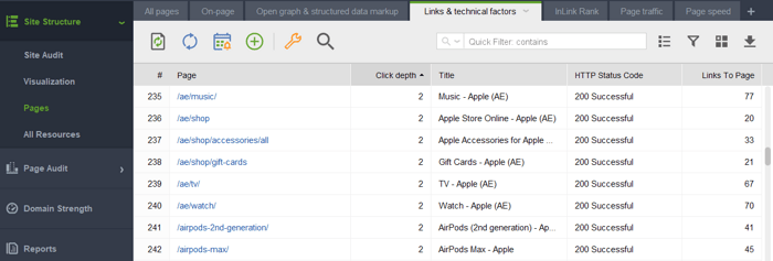 Click Depth analysis in WebSite Auditor