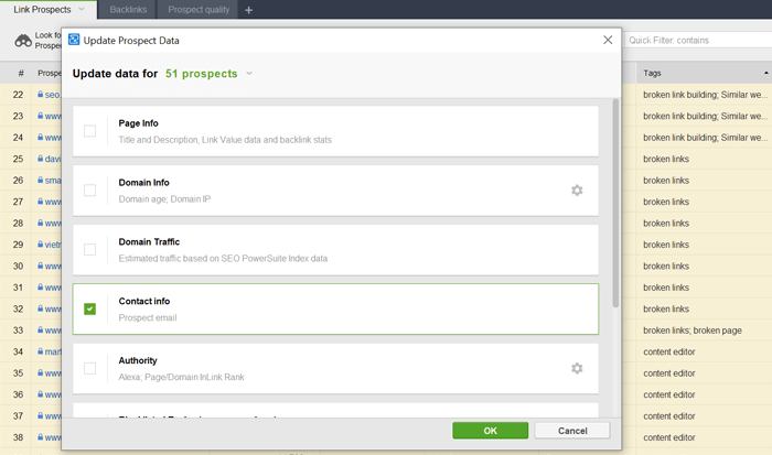 Collect contact info for broken link building prospects