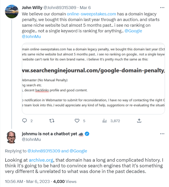 Tweet about domain penalty impacting rankings