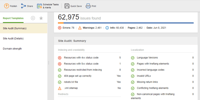 Technical site audit reporting template in WebSite Auditor