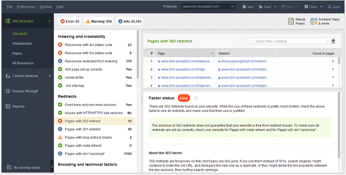 Checking website status codes using Website Auditor