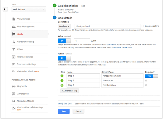 Set conversion goals in GA