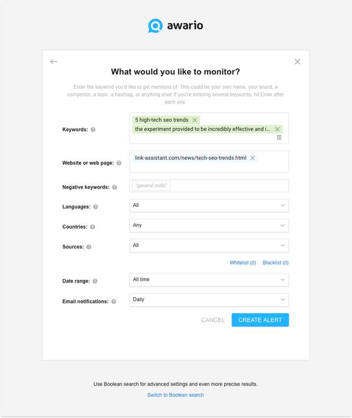 Creating the first alert in Awario