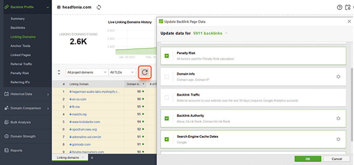 Update factors to estimate the domains and the value of backlinks